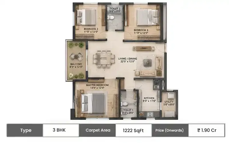 The Living Blueprint At Ganga Legends County 3 BHK floor plan, 1222 sq ft carpet area