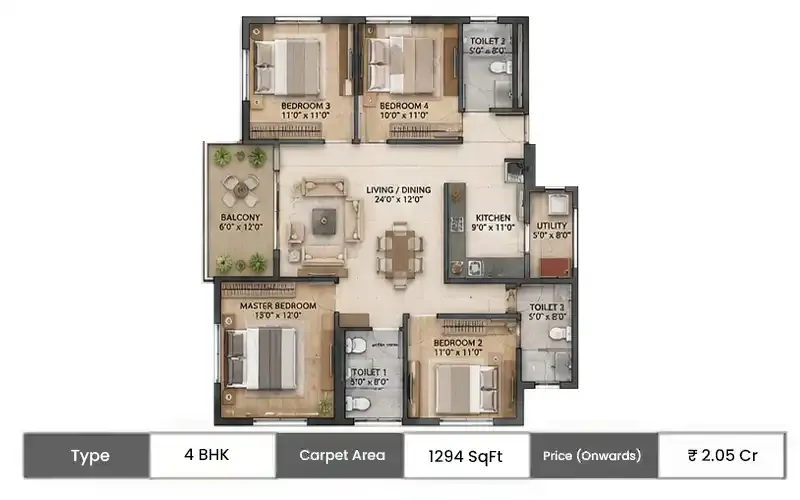 The Living Blueprint At Ganga Legends County 4 BHK floor plan, 1294 sq ft carpet area
