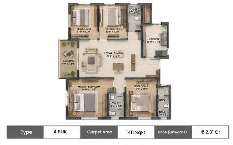 The Living Blueprint At Ganga Legends County 4 BHK floor plan, 1411 sq ft carpet area
